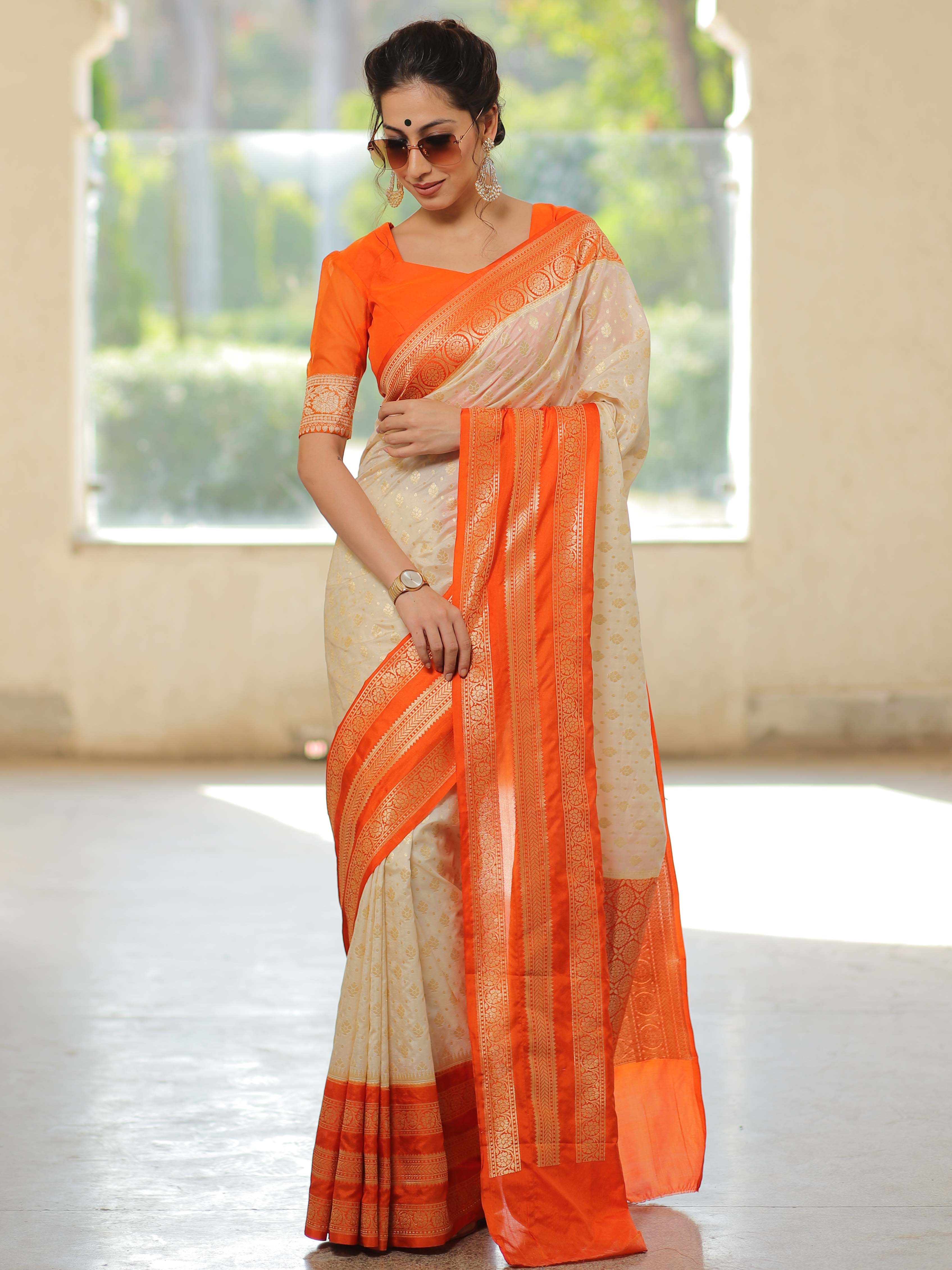 Banarasee Semi-Katan Zari Buta & Contrast Border Saree-White & Orange