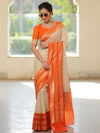 Banarasee Semi-Katan Zari Buta & Contrast Border Saree-White & Orange