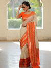 Banarasee Semi-Katan Zari Buta & Contrast Border Saree-White & Orange