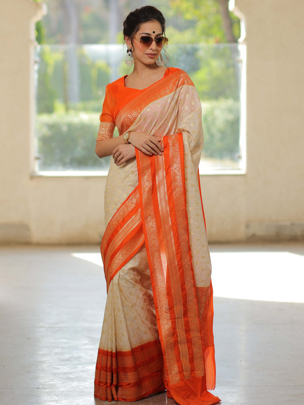 Banarasee Semi-Katan Zari Buta & Contrast Border Saree-White & Orange