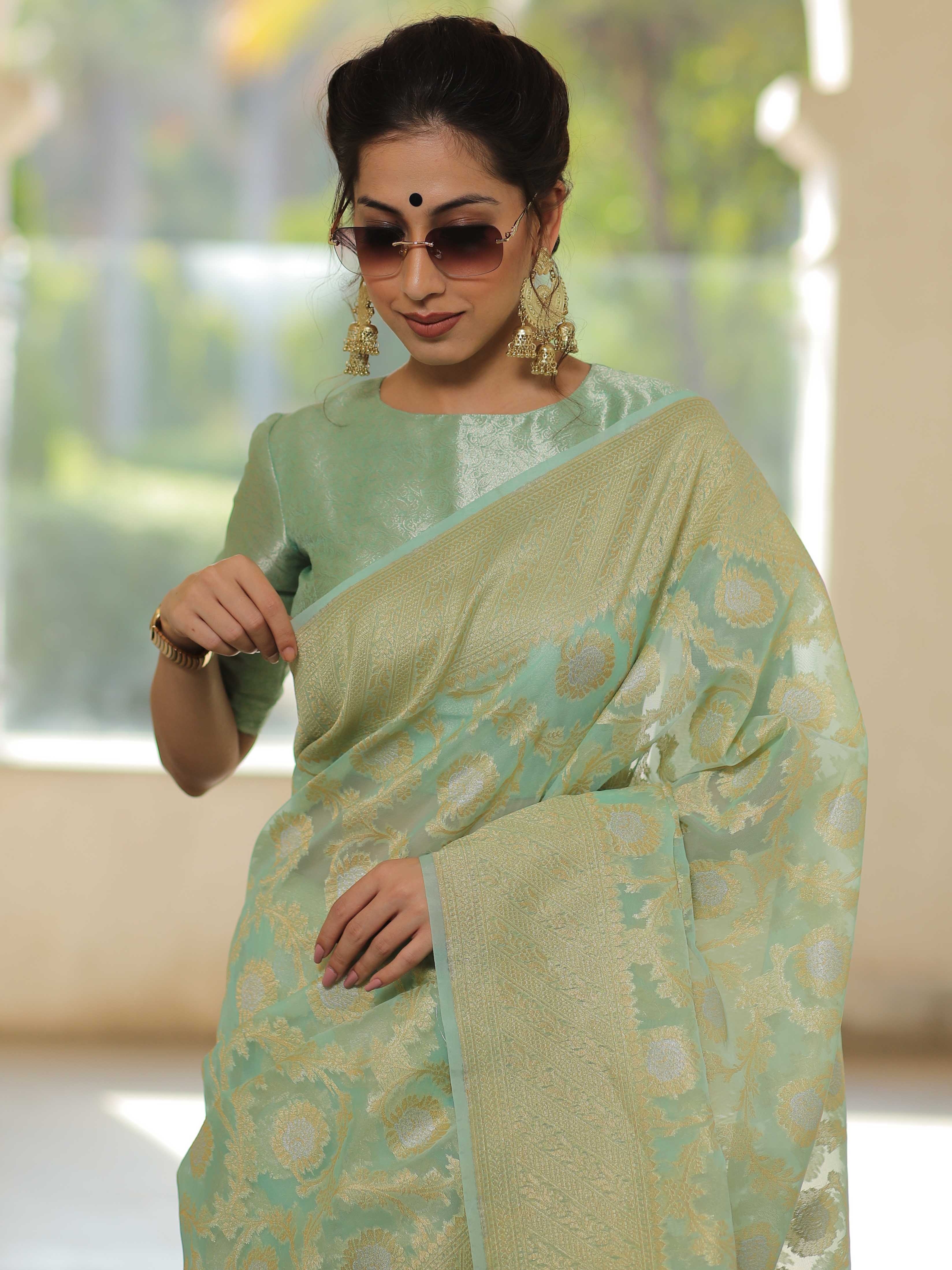 Banarasee Organza Silk Saree With Zari & Meena Jaal & Border-Mint Green