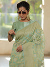 Banarasee Organza Silk Saree With Zari & Meena Jaal & Border-Mint Green