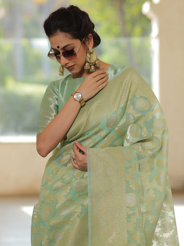 Banarasee Organza Silk Saree With Zari & Meena Jaal & Border-Mint Green
