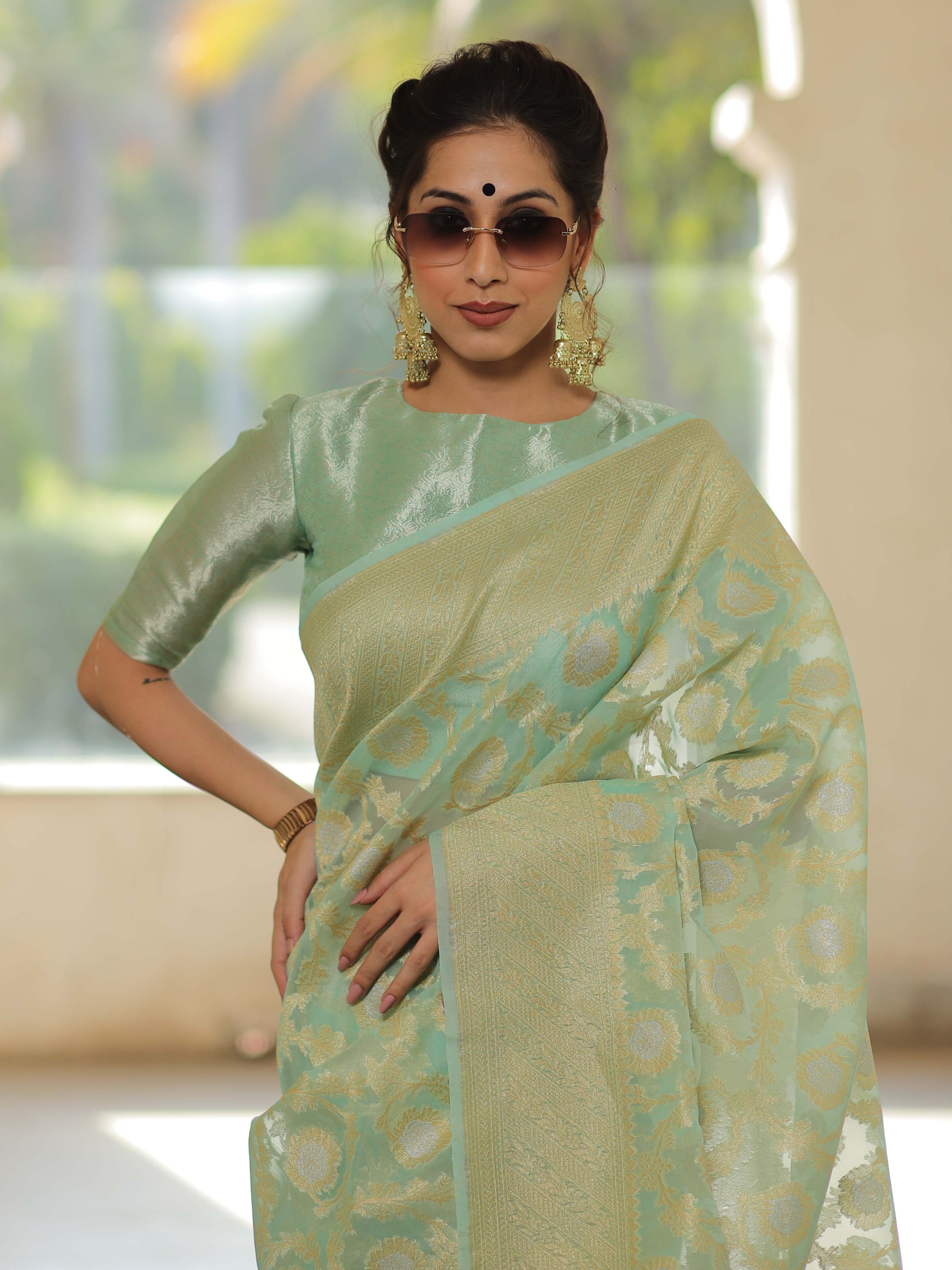 Banarasee Organza Silk Saree With Zari & Meena Jaal & Border-Mint Green