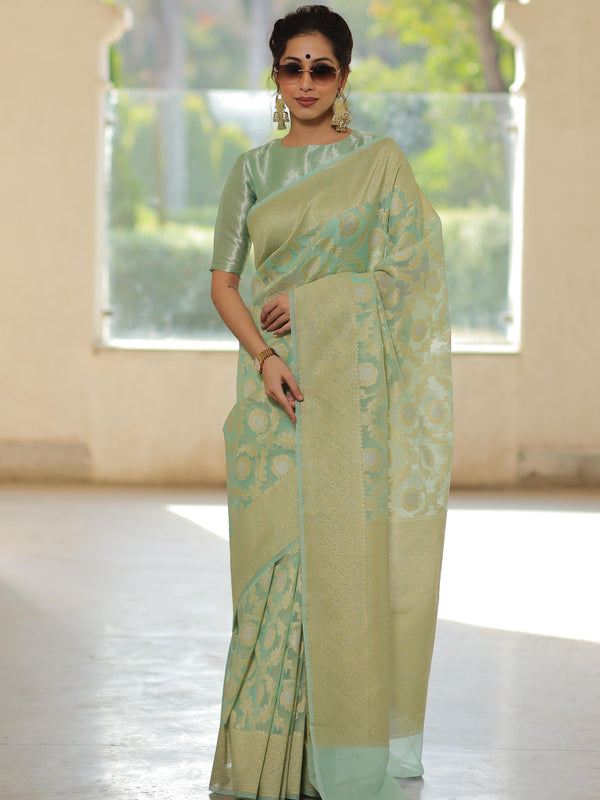 Banarasee Organza Silk Saree With Zari & Meena Jaal & Border-Mint Green
