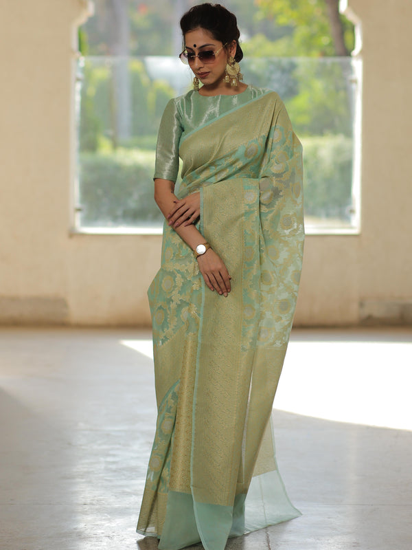 Banarasee Organza Silk Saree With Zari & Meena Jaal & Border-Mint Green