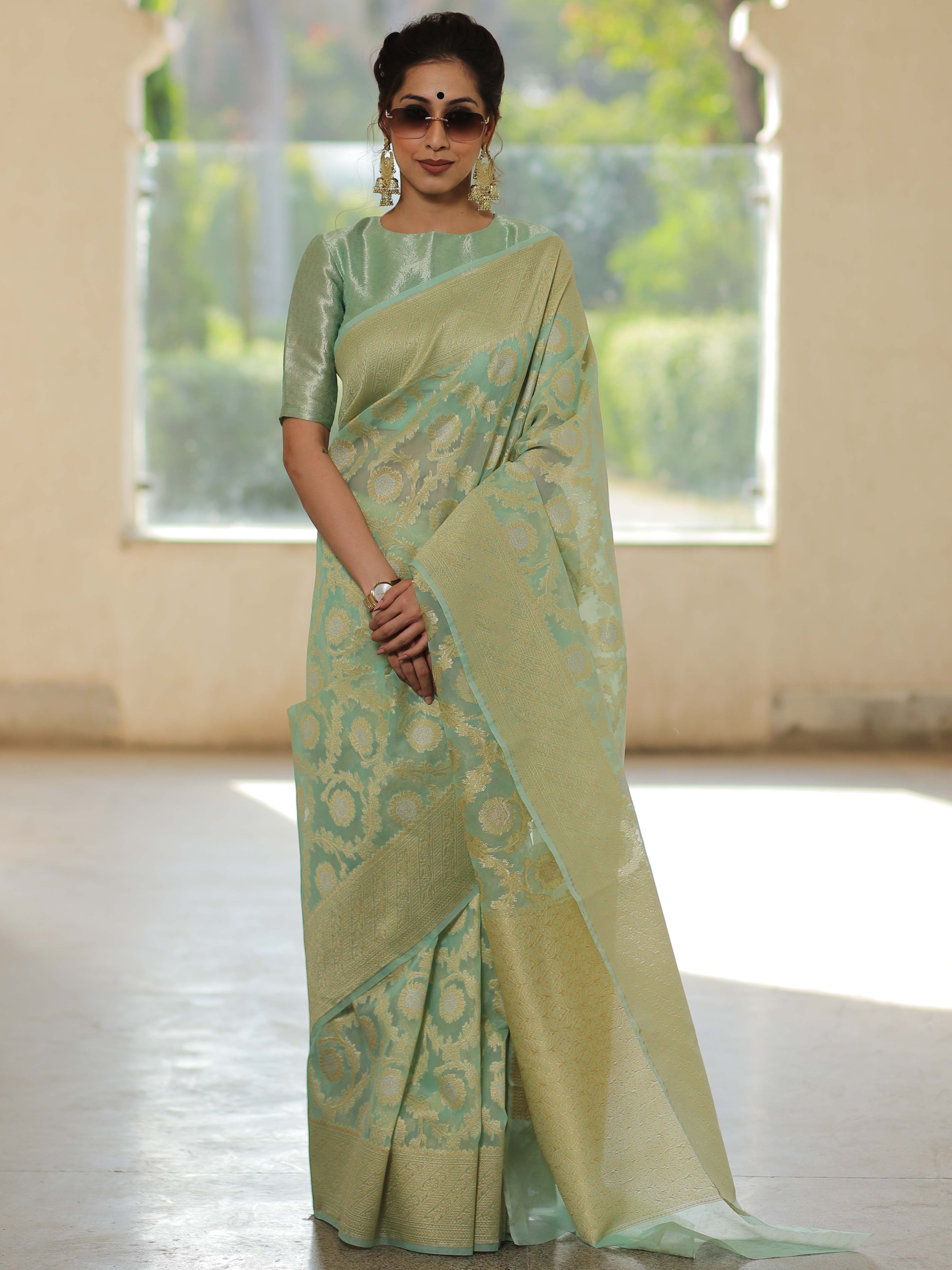 Banarasee Organza Silk Saree With Zari & Meena Jaal & Border-Mint Green