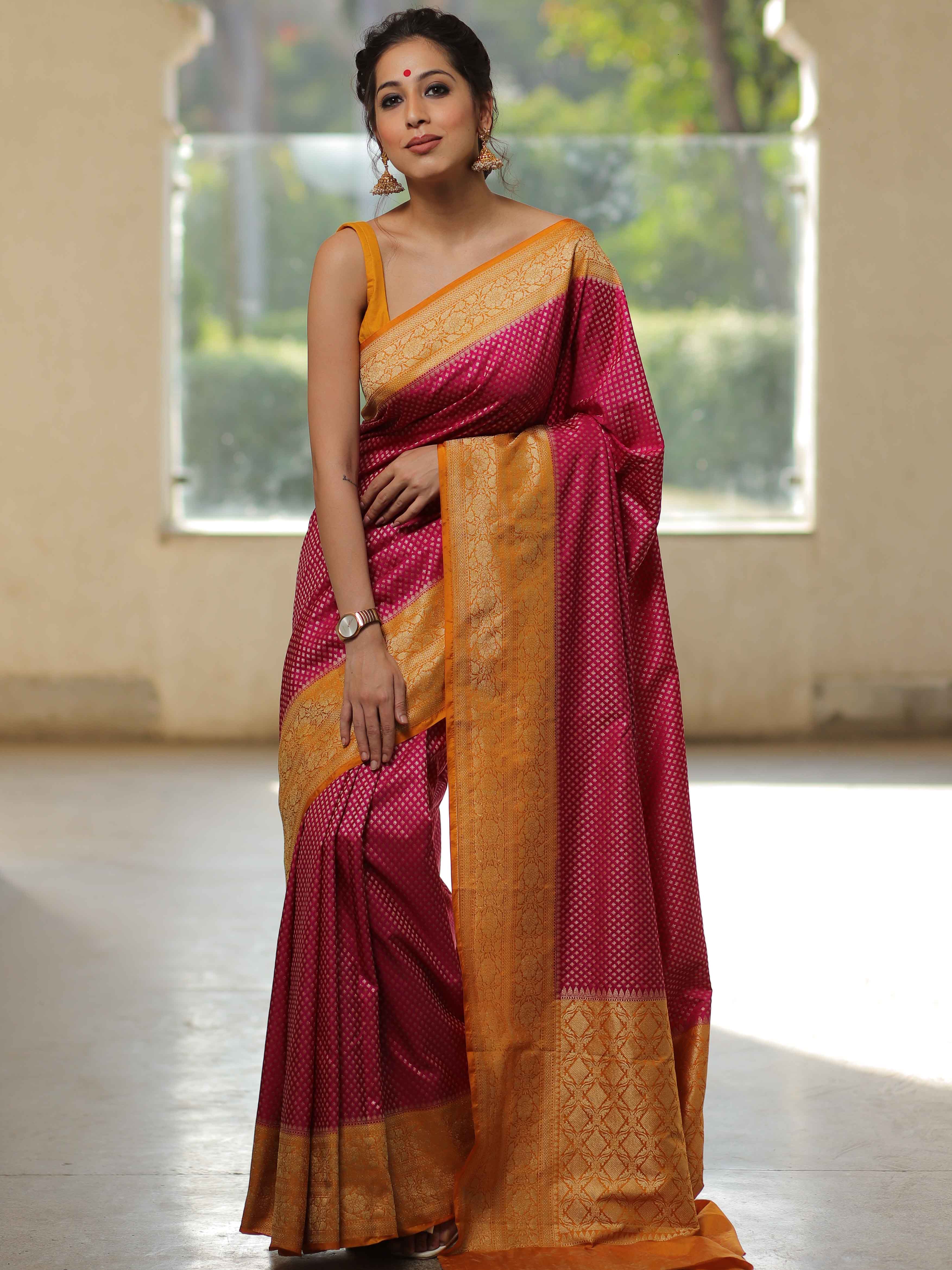 Banarasee Semi-Katan Zari Buta & Contrast Border Saree-Pink & Yellow