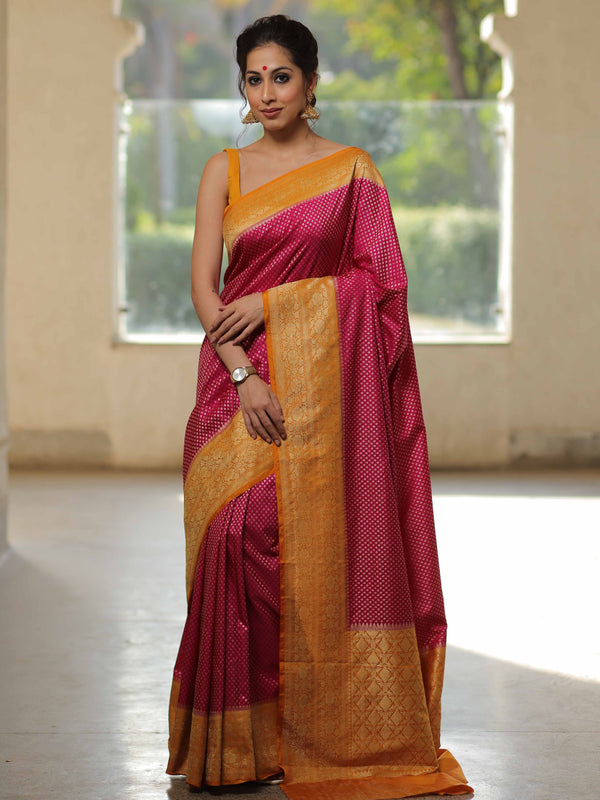 Banarasee Semi-Katan Zari Buta & Contrast Border Saree-Pink & Yellow