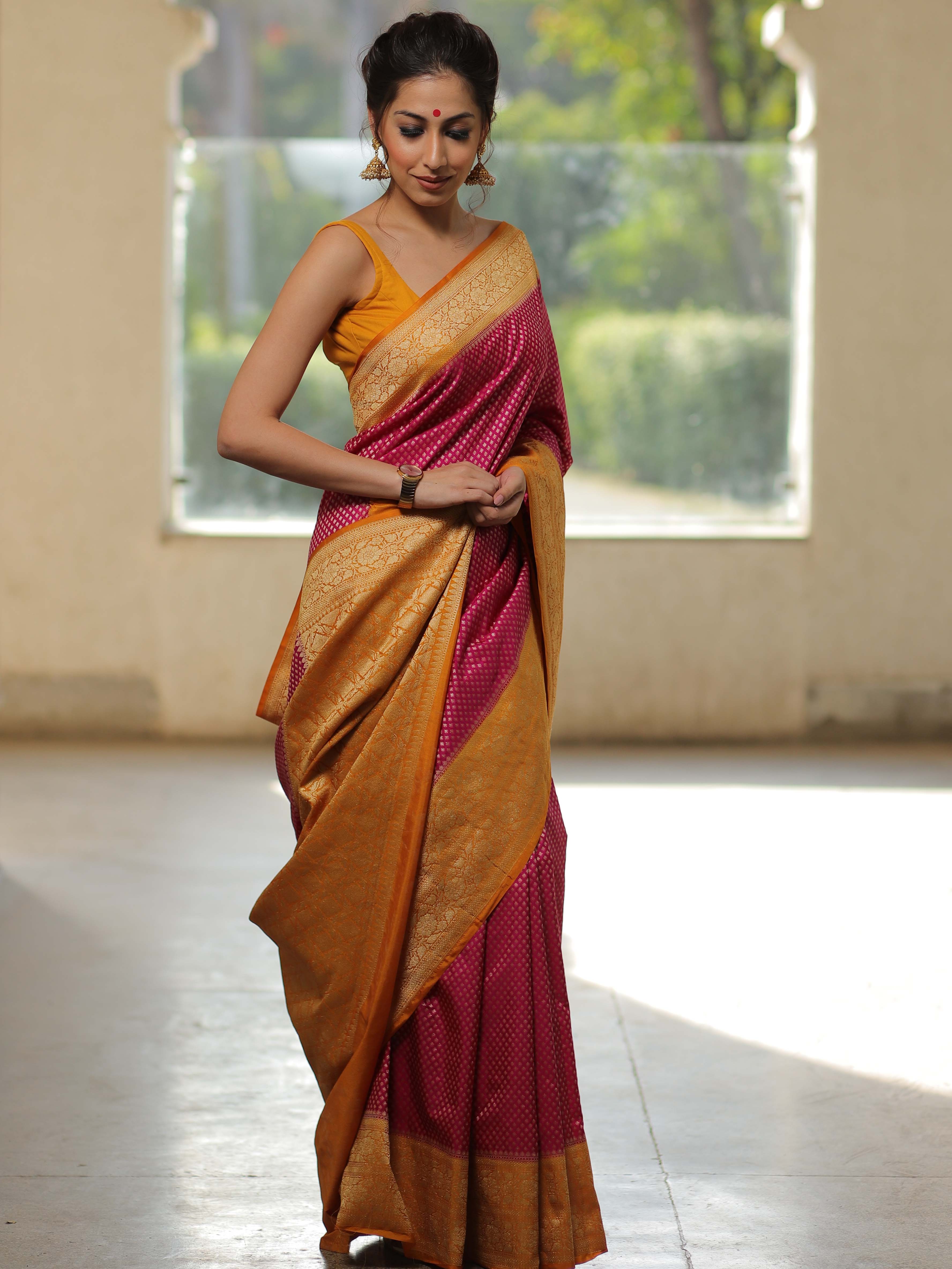 Banarasee Semi-Katan Zari Buta & Contrast Border Saree-Pink & Yellow