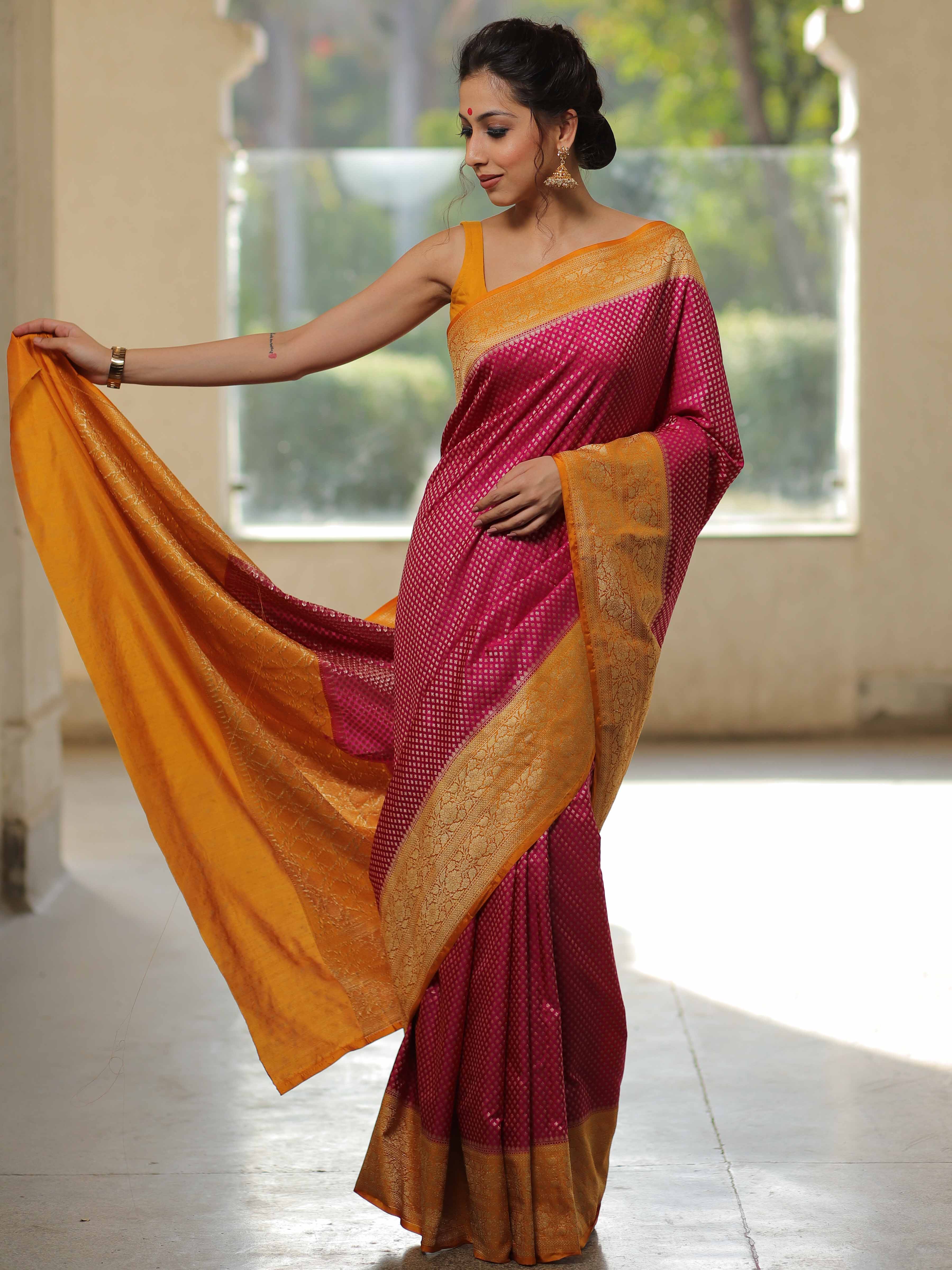 Banarasee Semi-Katan Zari Buta & Contrast Border Saree-Pink & Yellow