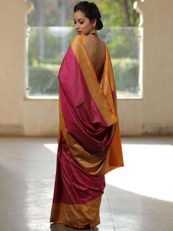 Banarasee Semi-Katan Zari Buta & Contrast Border Saree-Pink & Yellow