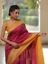 Banarasee Semi-Katan Zari Buta & Contrast Border Saree-Pink & Yellow