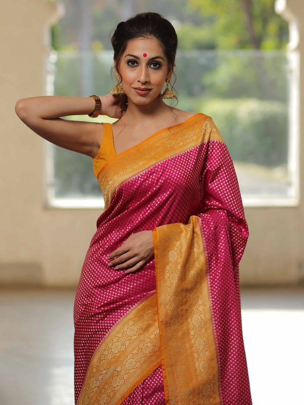 Banarasee Semi-Katan Zari Buta & Contrast Border Saree-Pink & Yellow