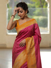 Banarasee Semi-Katan Zari Buta & Contrast Border Saree-Pink & Yellow