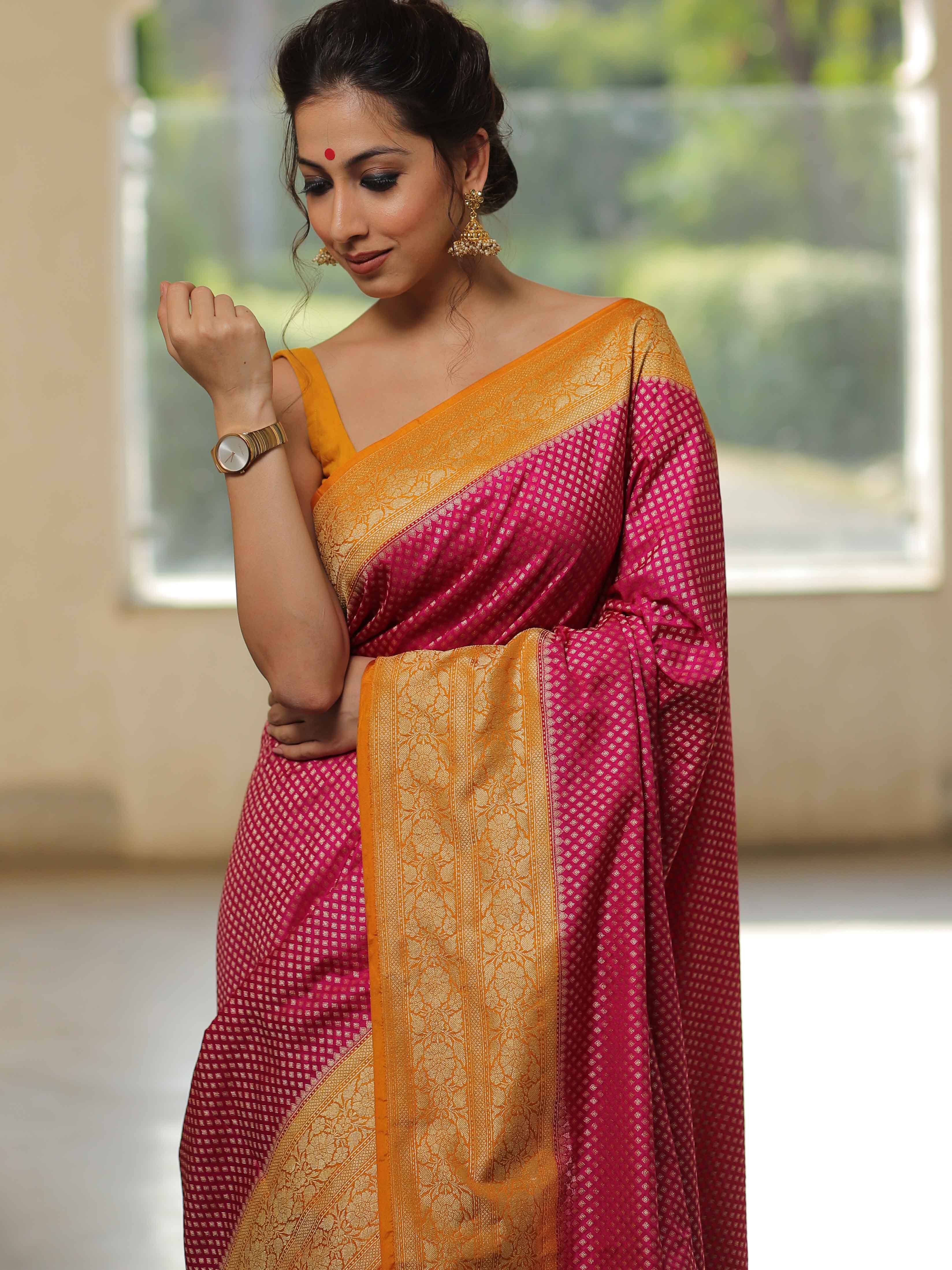 Banarasee Semi-Katan Zari Buta & Contrast Border Saree-Pink & Yellow