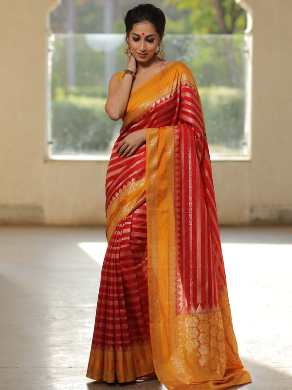 Banarasee Semi-Katan Zari Buta & Contrast Border Saree-Red & Yellow