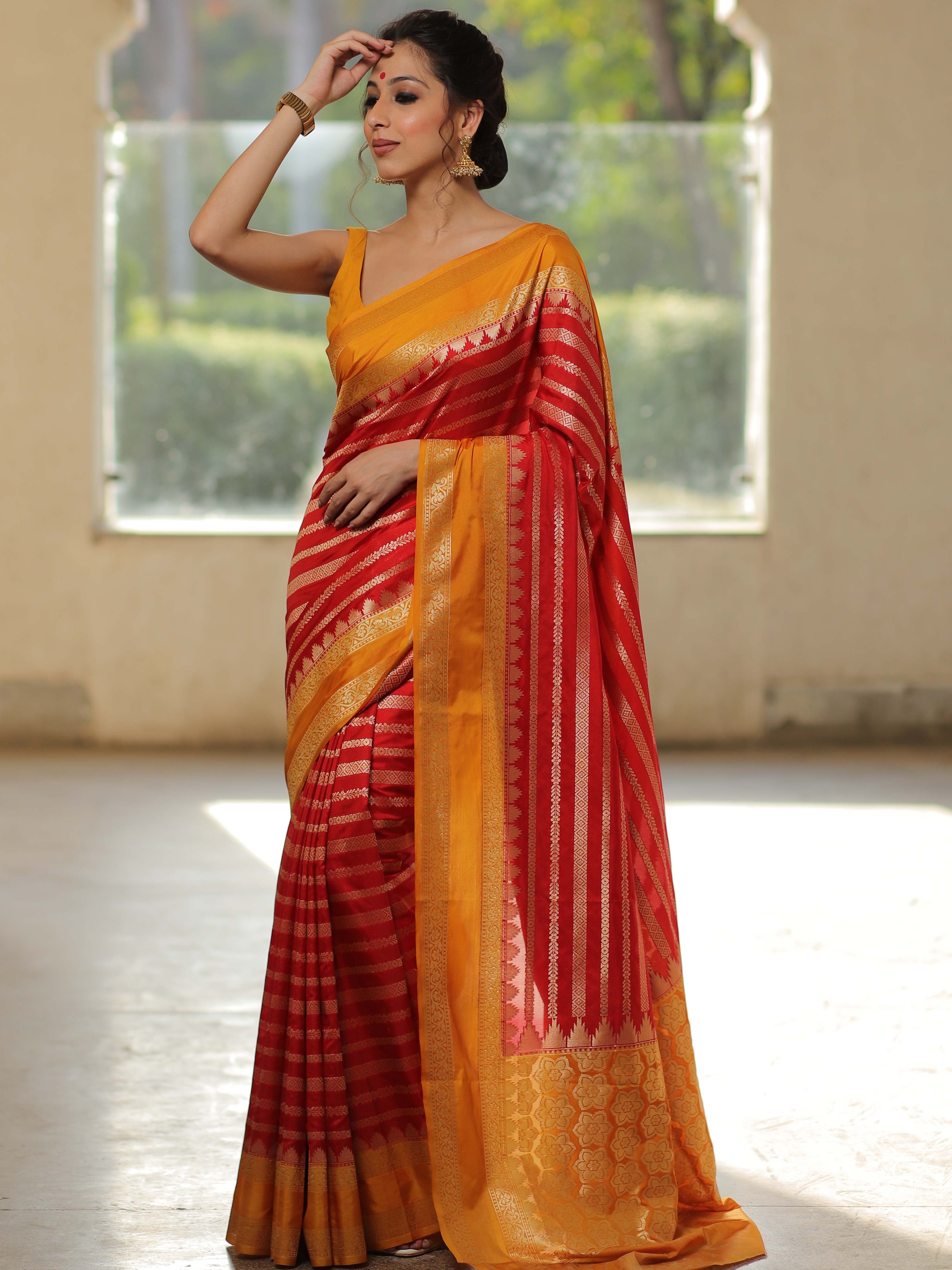Banarasee Semi-Katan Zari Buta & Contrast Border Saree-Red & Yellow