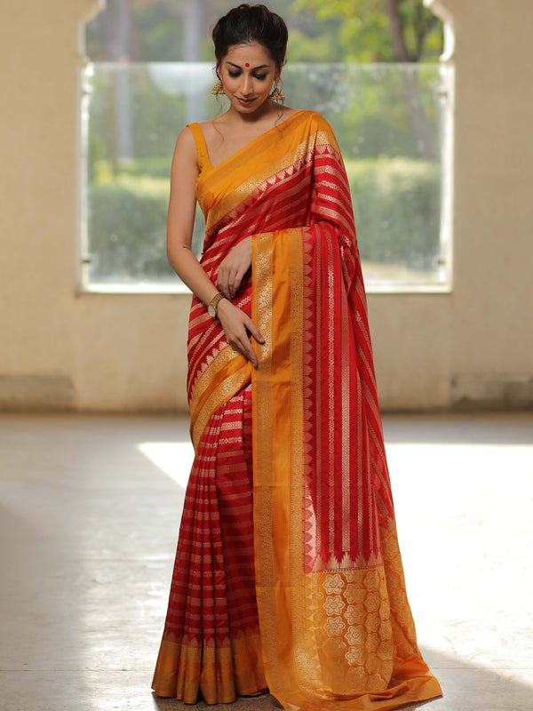 Banarasee Semi-Katan Zari Buta & Contrast Border Saree-Red & Yellow