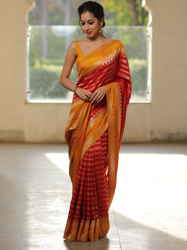 Banarasee Semi-Katan Zari Buta & Contrast Border Saree-Red & Yellow