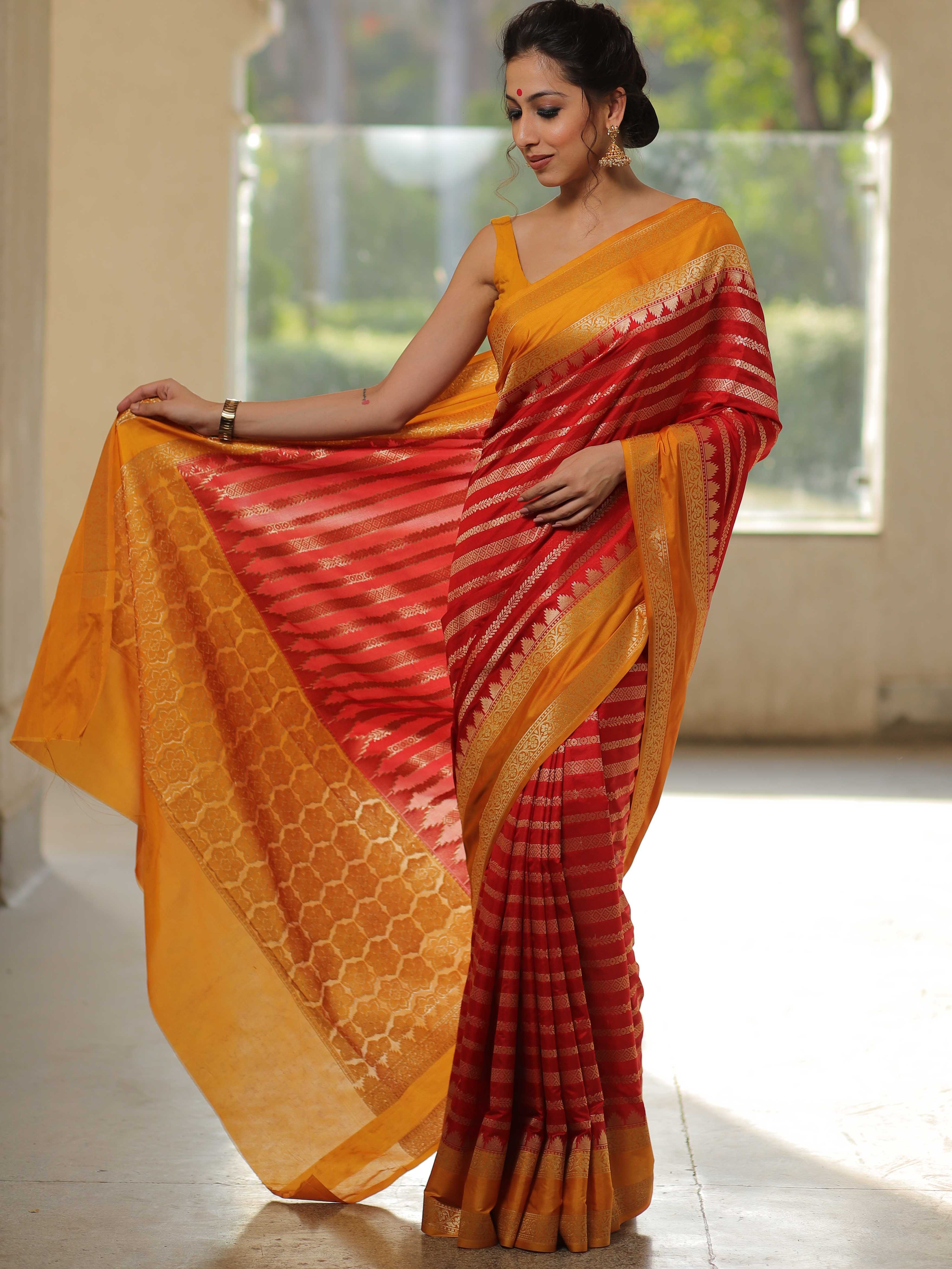 Banarasee Semi-Katan Zari Buta & Contrast Border Saree-Red & Yellow