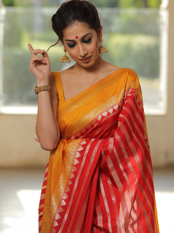 Banarasee Semi-Katan Zari Buta & Contrast Border Saree-Red & Yellow