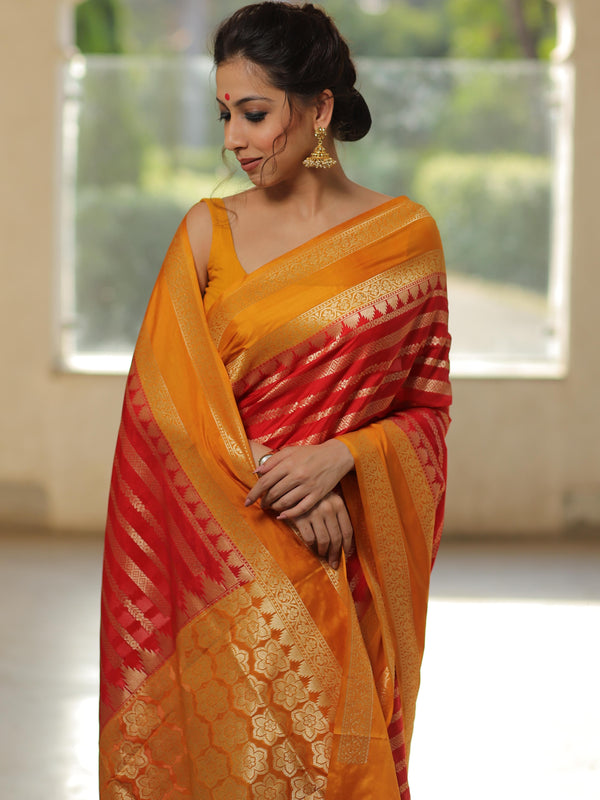 Banarasee Semi-Katan Zari Buta & Contrast Border Saree-Red & Yellow