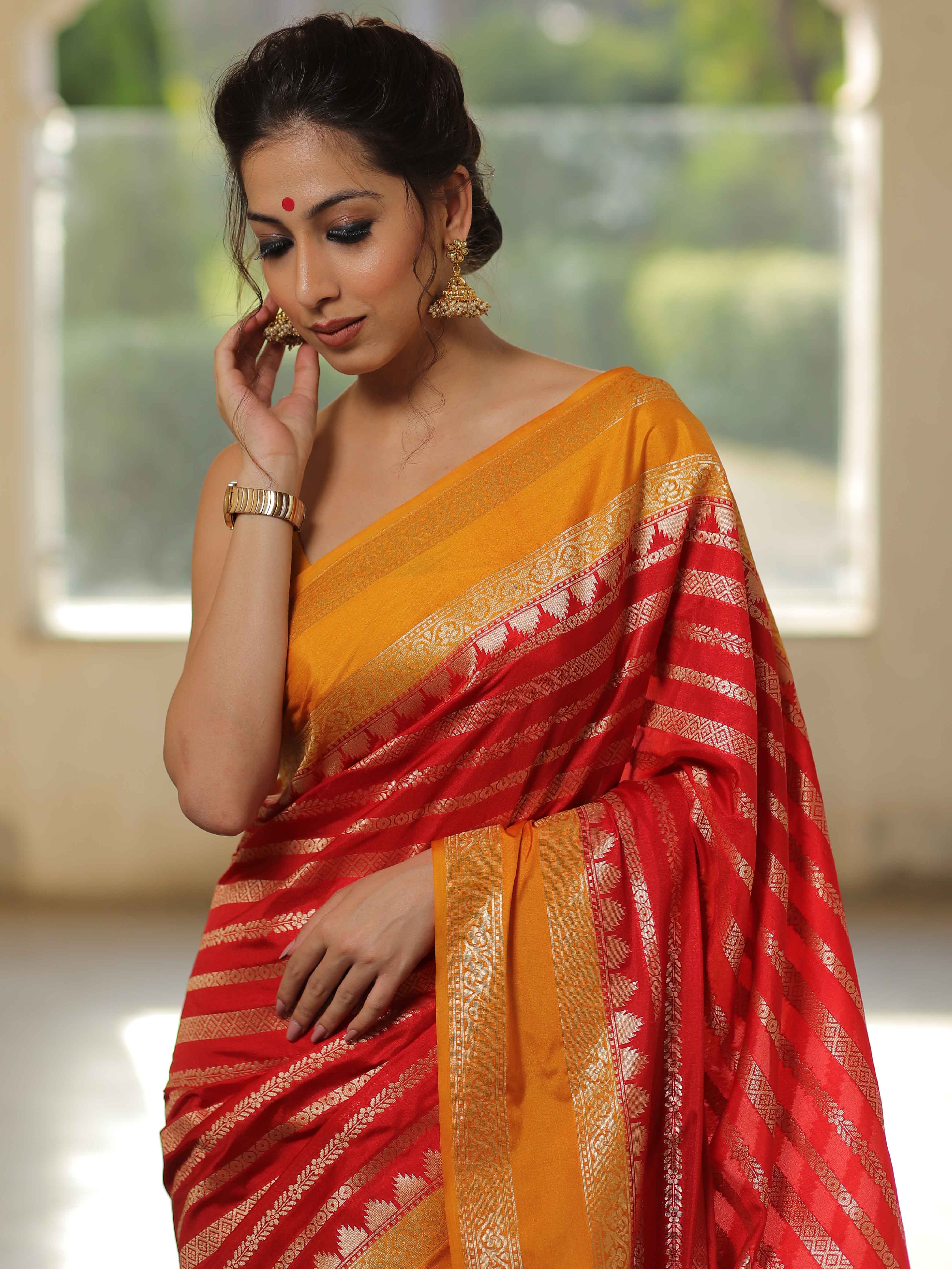 Banarasee Semi-Katan Zari Buta & Contrast Border Saree-Red & Yellow