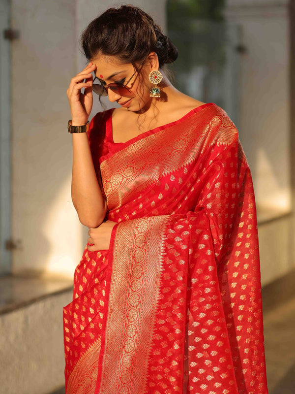 Banarasee Organza Silk Saree With Zari Motifs & Border-Red