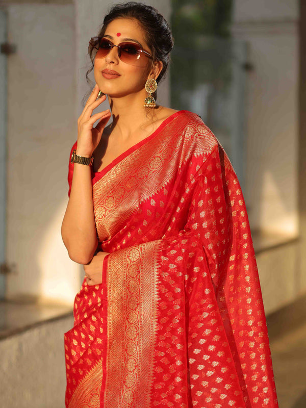 Banarasee Organza Silk Saree With Zari Motifs & Border-Red