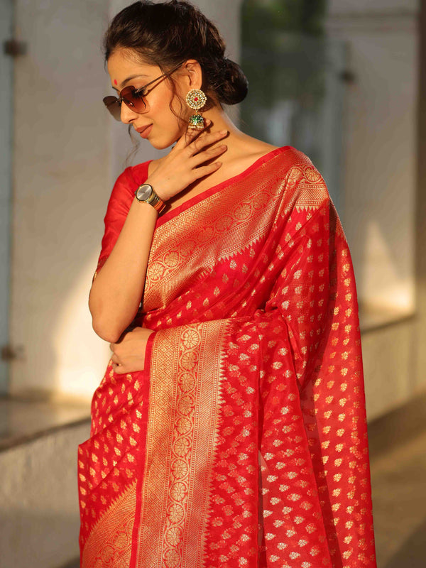 Banarasee Organza Silk Saree With Zari Motifs & Border-Red