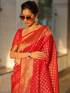 Banarasee Organza Silk Saree With Zari Motifs & Border-Red