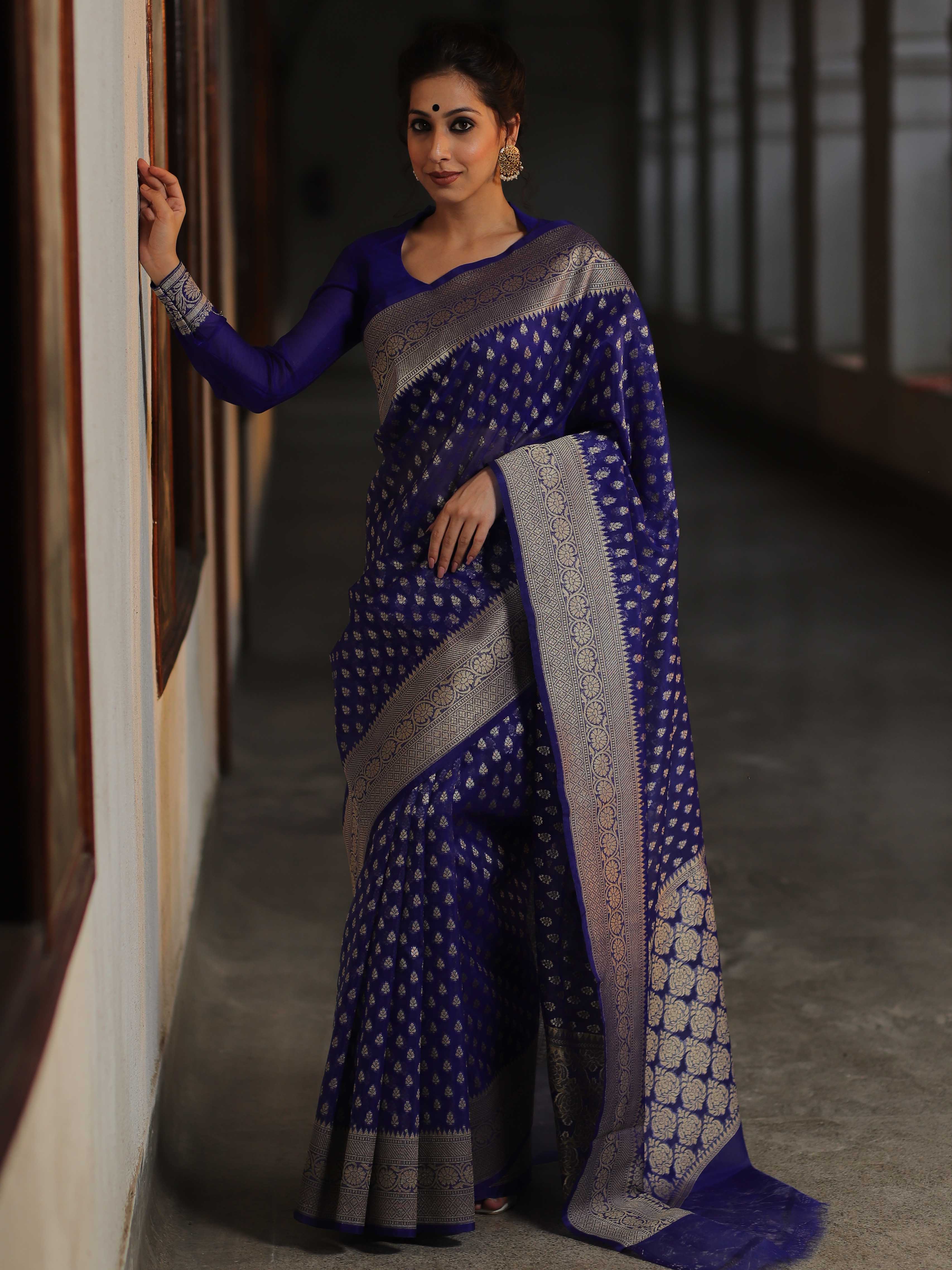 Banarasee Organza Silk Saree With Zari Motifs & Border-Royal Blue
