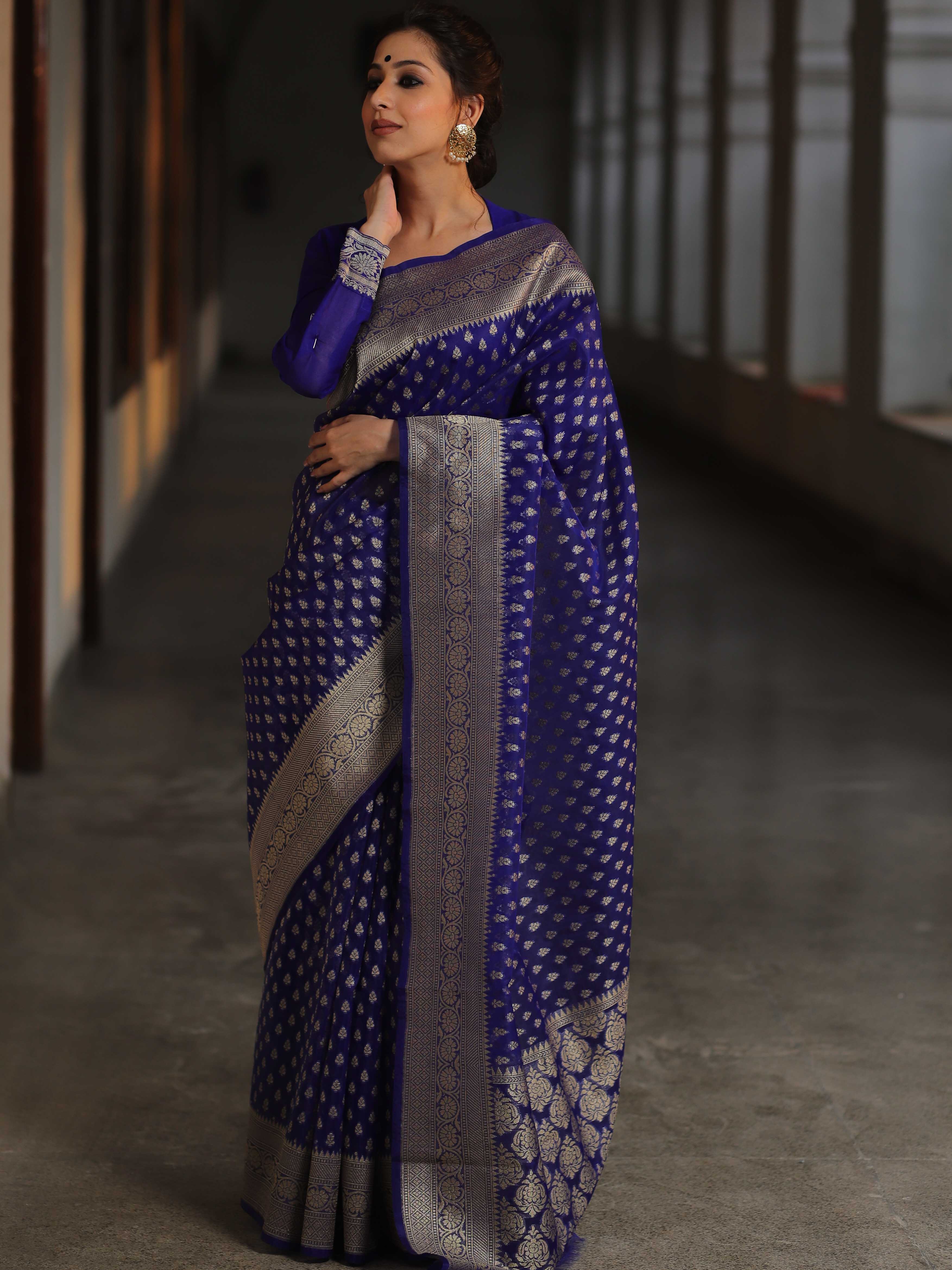 Banarasee Organza Silk Saree With Zari Motifs & Border-Royal Blue