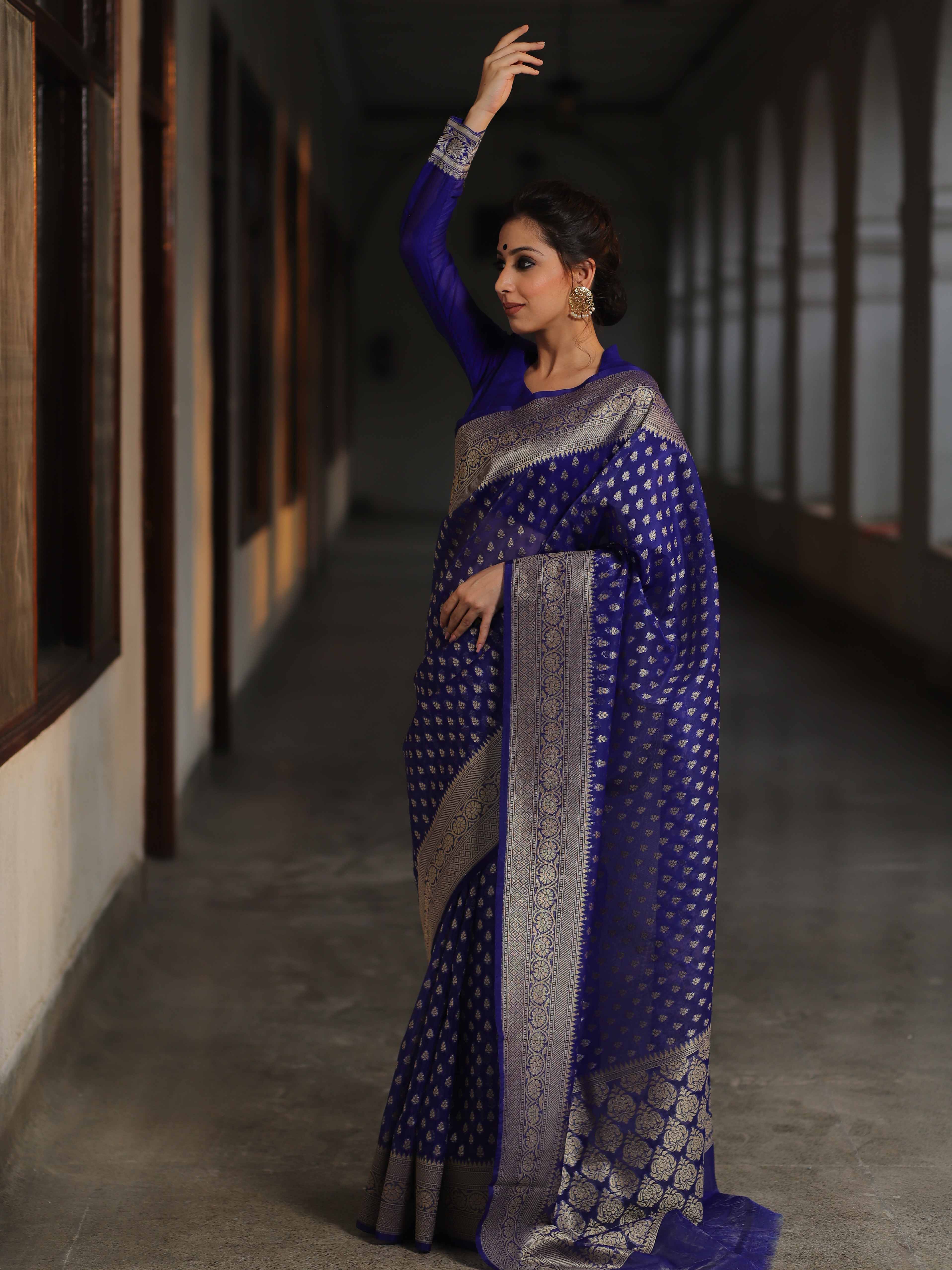 Banarasee Organza Silk Saree With Zari Motifs & Border-Royal Blue