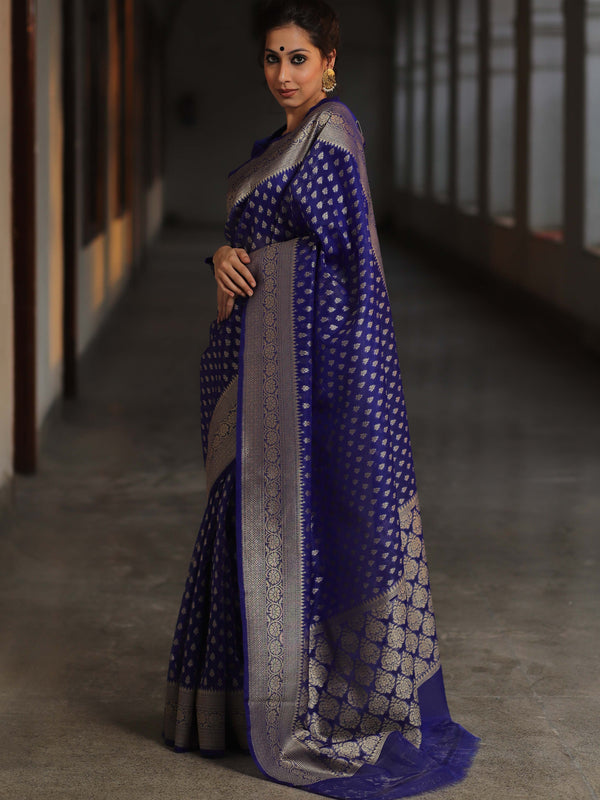 Banarasee Organza Silk Saree With Zari Motifs & Border-Royal Blue