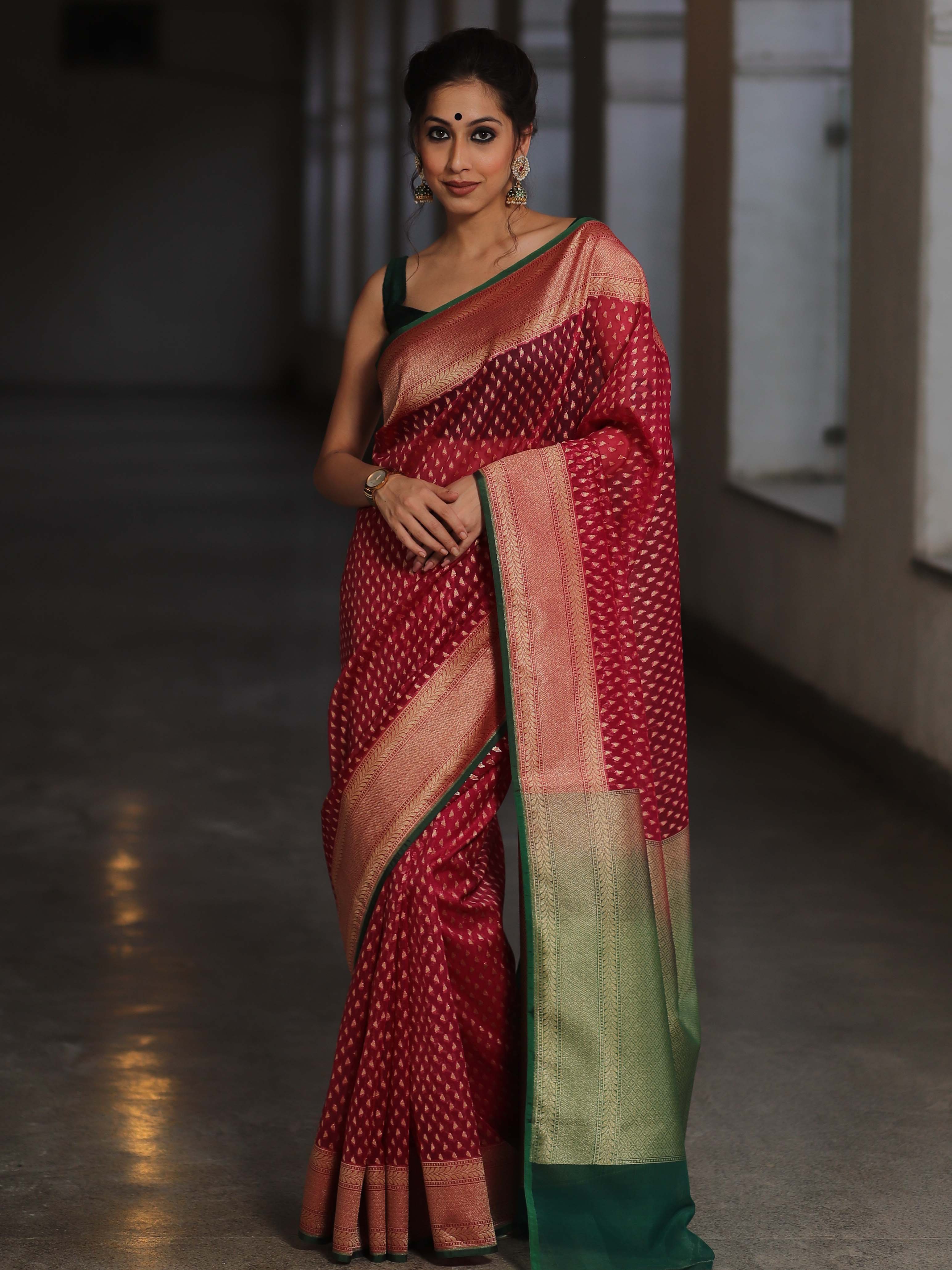 Banarasee Organza Silk Saree With Zari Motifs & Contrast Border-Pink