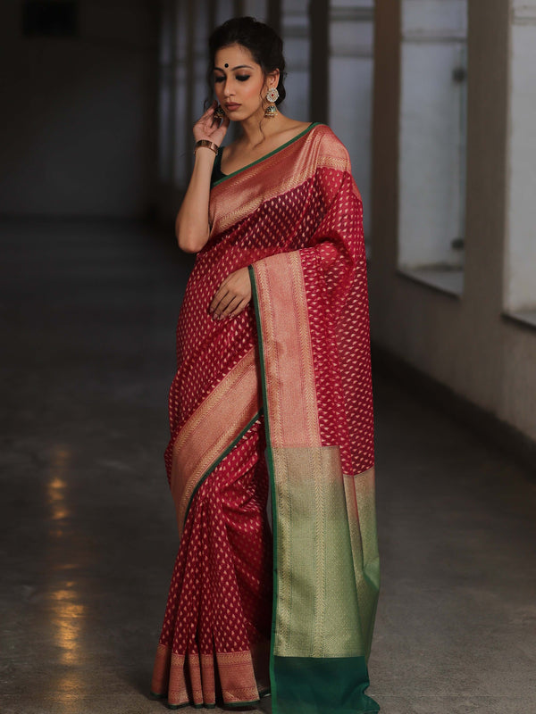 Banarasee Organza Silk Saree With Zari Motifs & Contrast Border-Pink