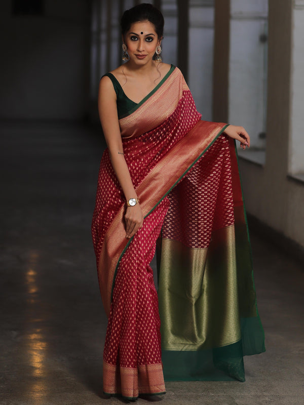 Banarasee Organza Silk Saree With Zari Motifs & Contrast Border-Pink