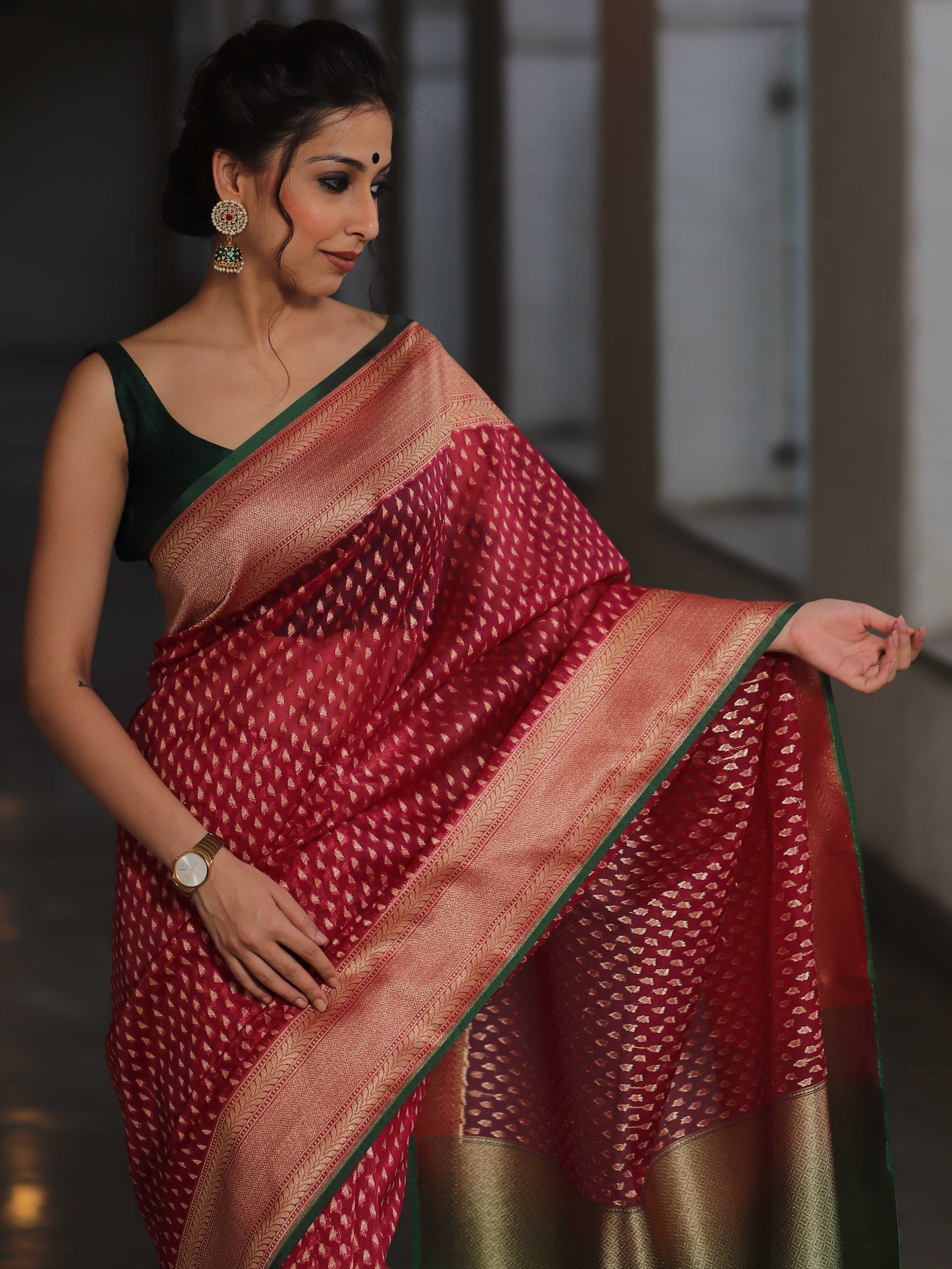 Banarasee Organza Silk Saree With Zari Motifs & Contrast Border-Pink