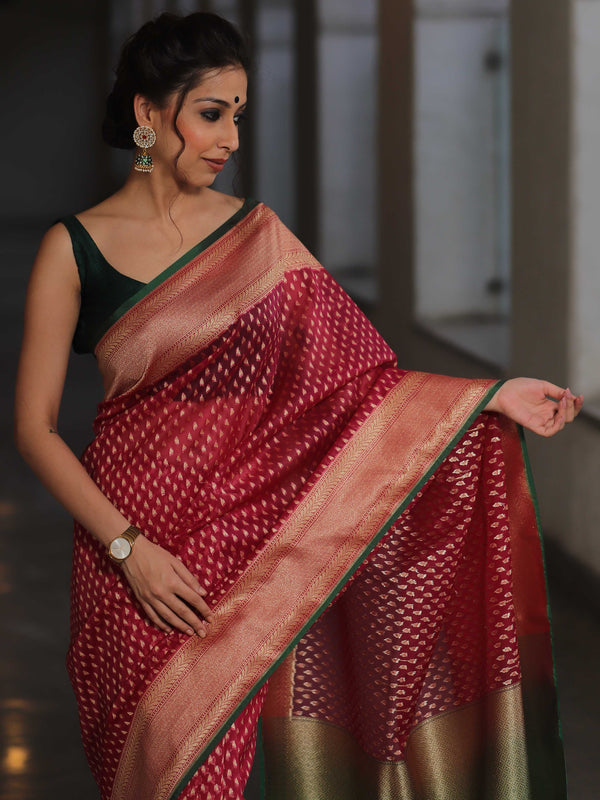 Banarasee Organza Silk Saree With Zari Motifs & Contrast Border-Pink