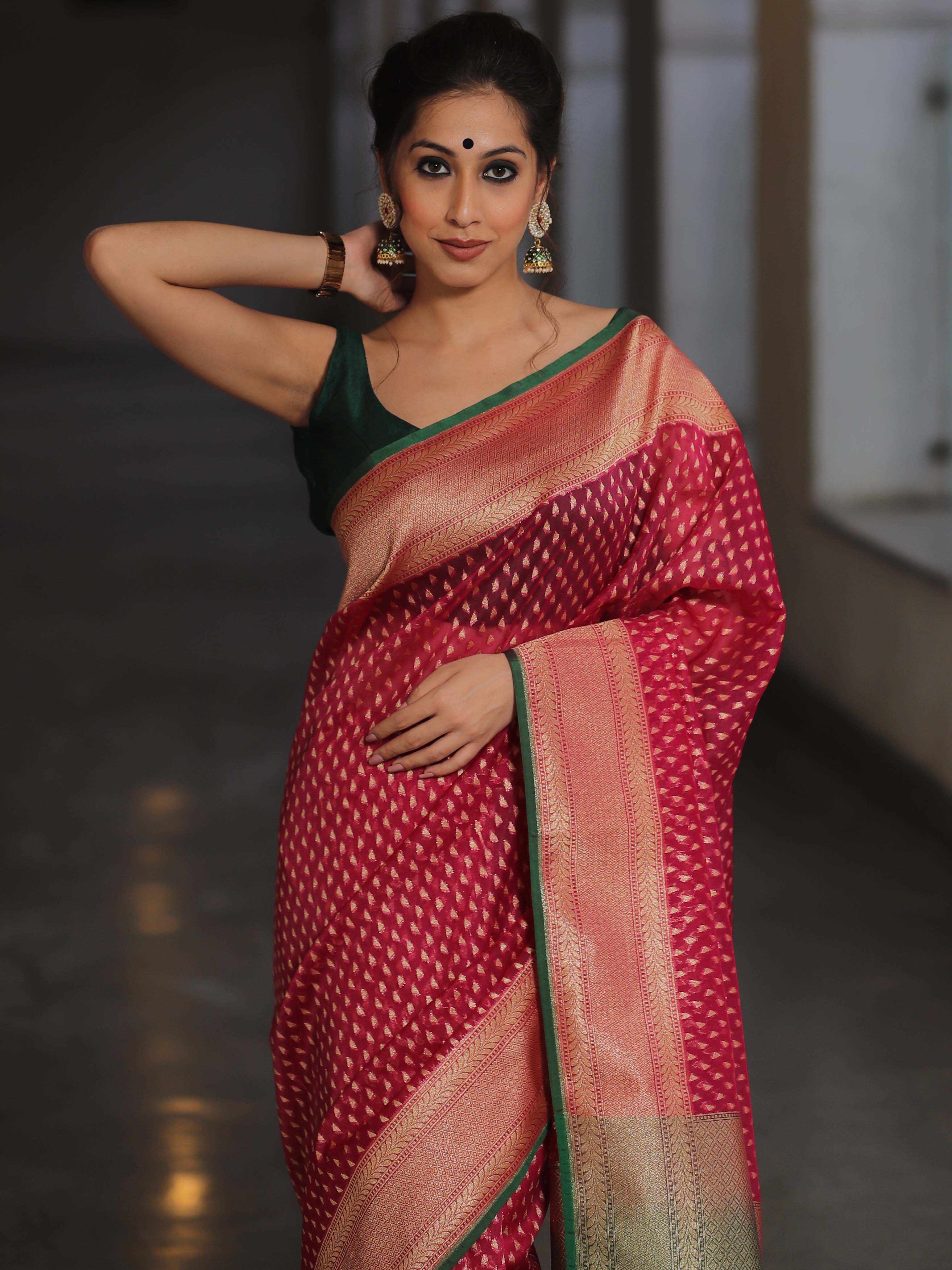 Banarasee Organza Silk Saree With Zari Motifs & Contrast Border-Pink
