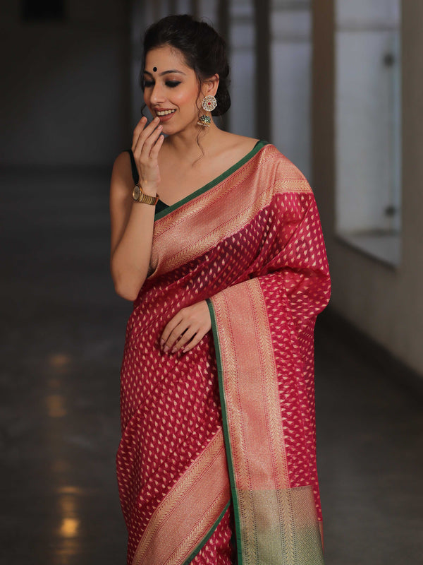 Banarasee Organza Silk Saree With Zari Motifs & Contrast Border-Pink