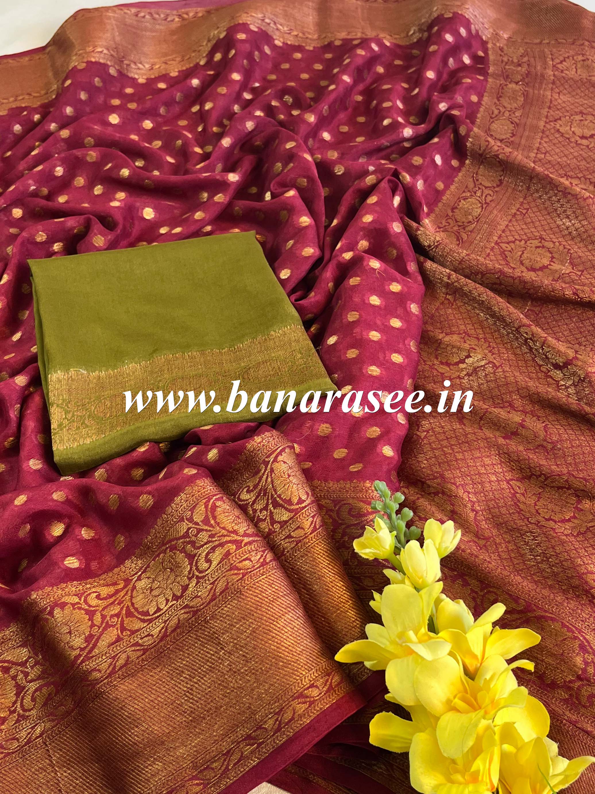 Banarasee Pure Chiffon Saree With Antique Zari Asharfi & Border-Maroon