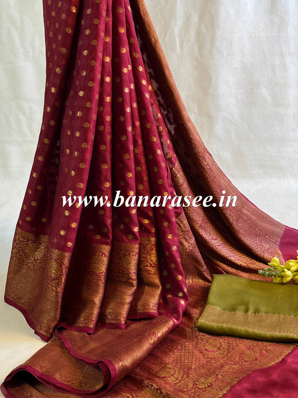 Banarasee Pure Chiffon Saree With Antique Zari Asharfi & Border-Maroon