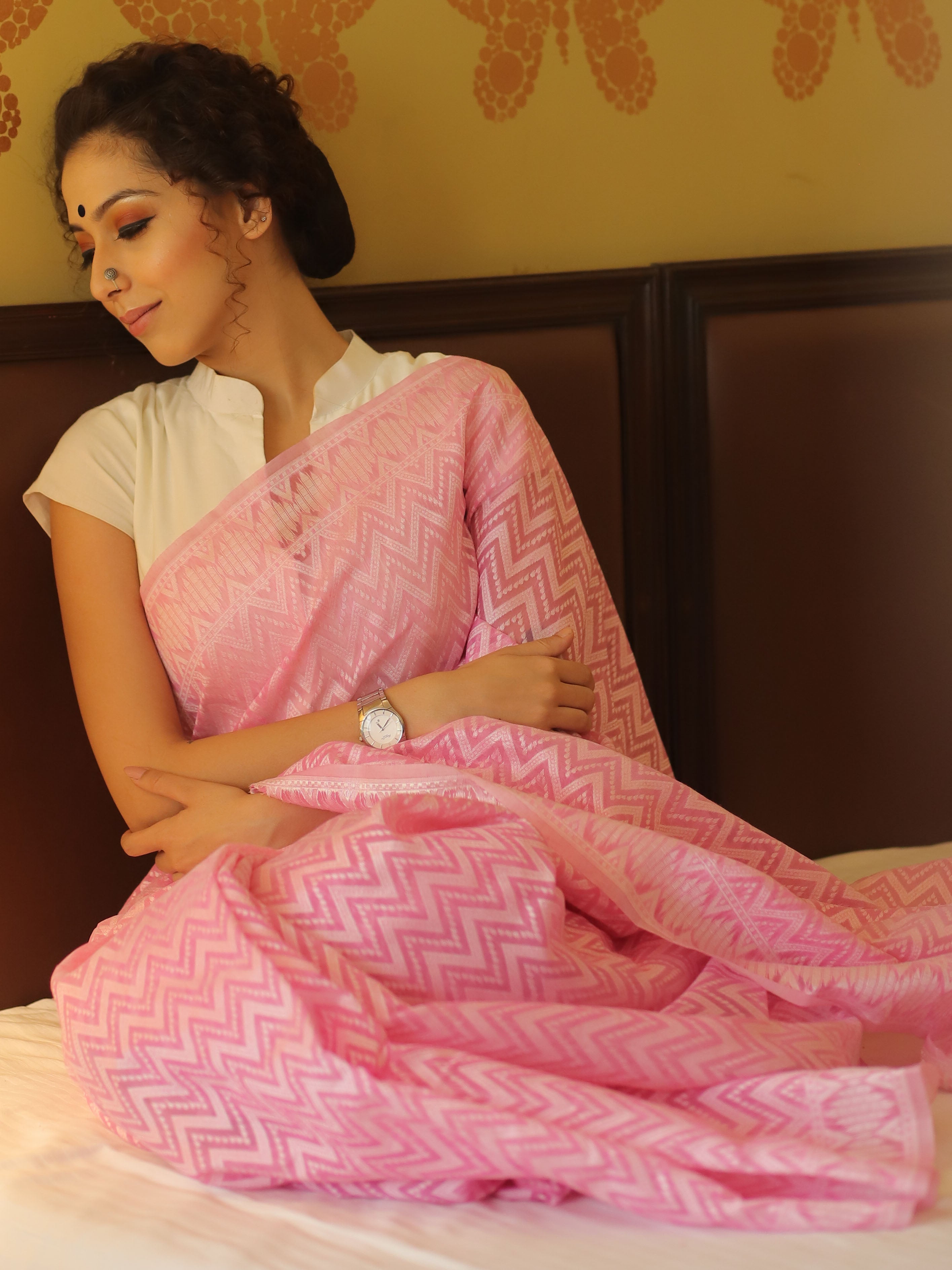 Banarasee Cotton Jamdani Saree With Resham Zig-Zag Design-Pink