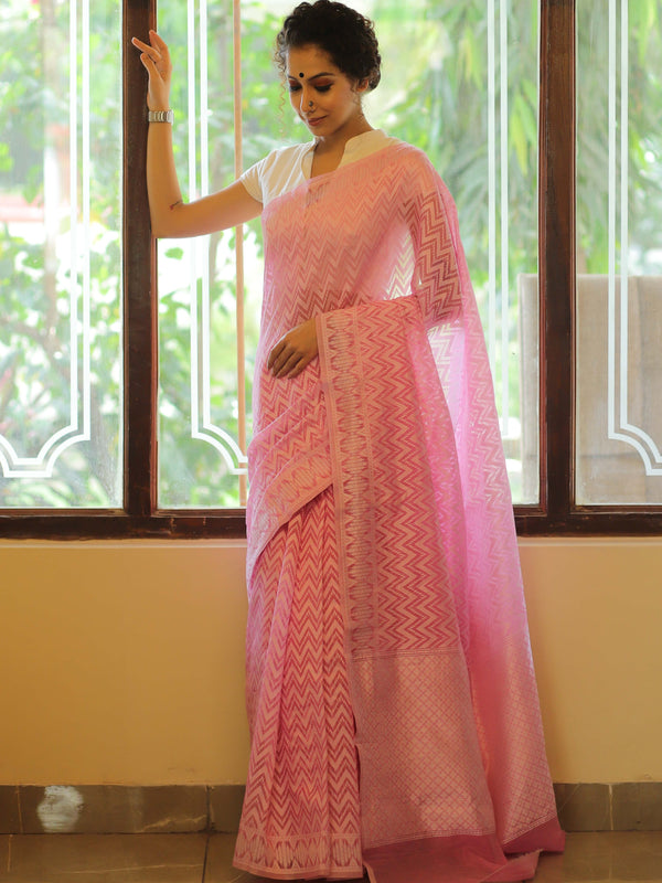 Banarasee Cotton Jamdani Saree With Resham Zig-Zag Design-Pink