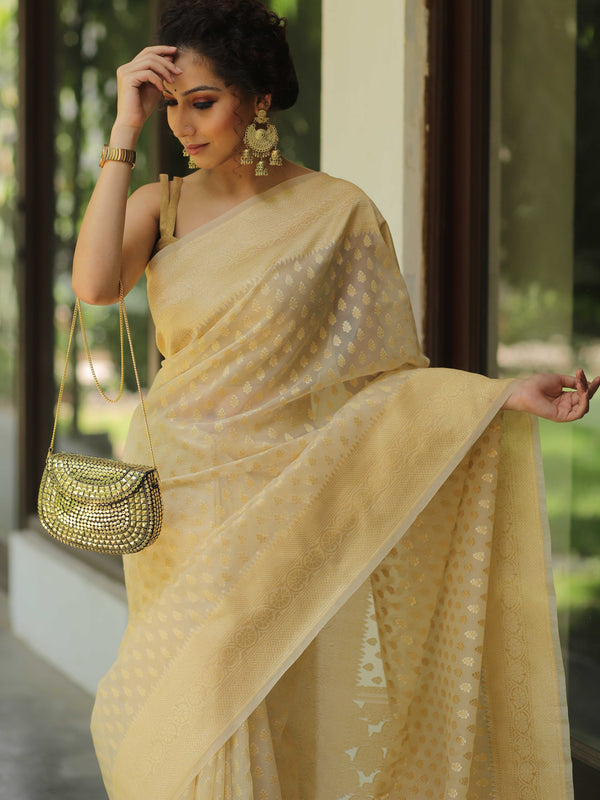 Banarasee Organza Silk Saree With Zari Motifs & Border-Beige