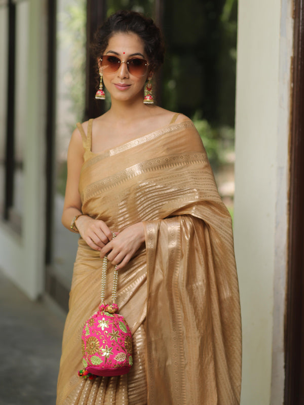 Banarasee Handwoven Semi Silk Saree With Stripes Design & Solid Border-Light Brown