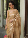 Banarasee Handwoven Semi Silk Saree With Stripes Design & Solid Border-Light Brown